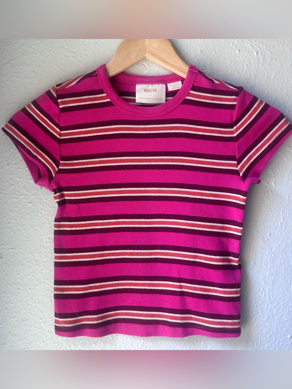 Maeve by Anthropologie Ribbed Striped Short Sleeve Baby Tee Pink Maroon XS